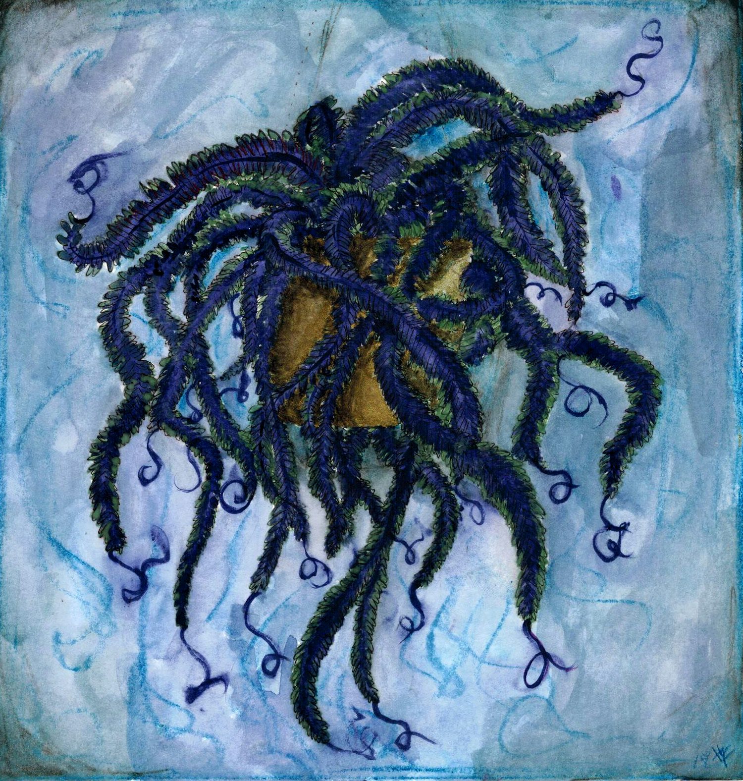 Image Description: A fern with indigo curls floats on a blue background. 